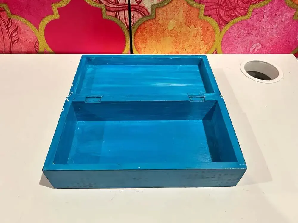 Hand Painted Blue and Purple Wooden Keepsake Box with Remote Access Calligraphy